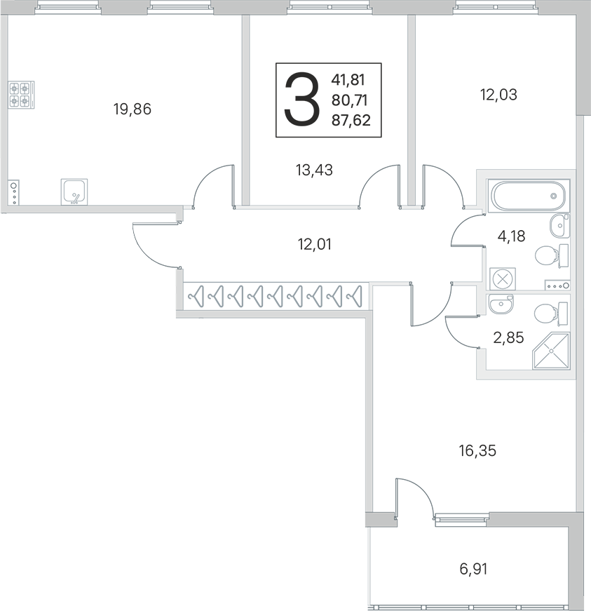 3-комнатная квартира 80.71 м², 2/4 эт., ЖК «Любоград в Стрельне»